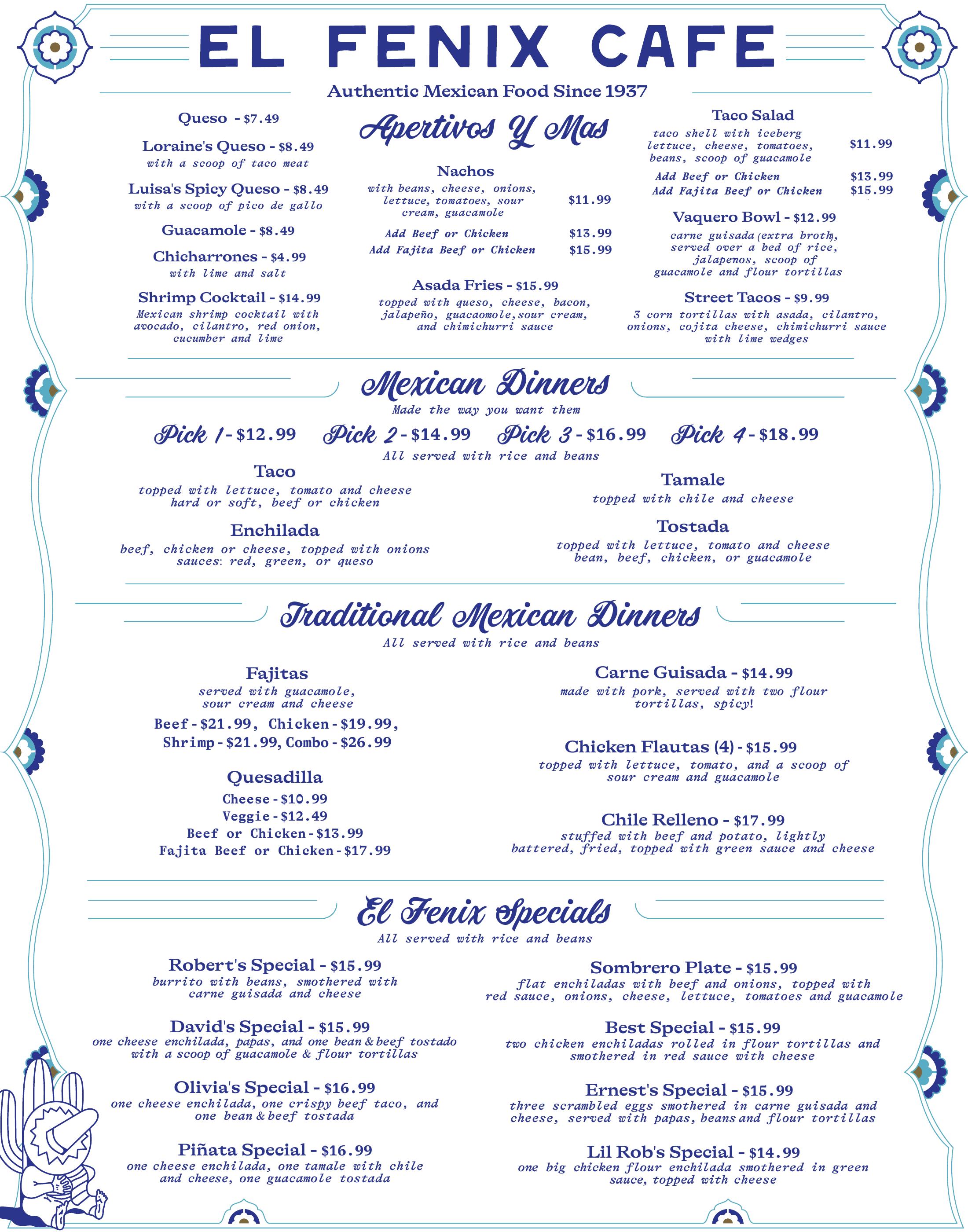 El Fenix Cafe menu — page 1, appetizers, dinners and specials