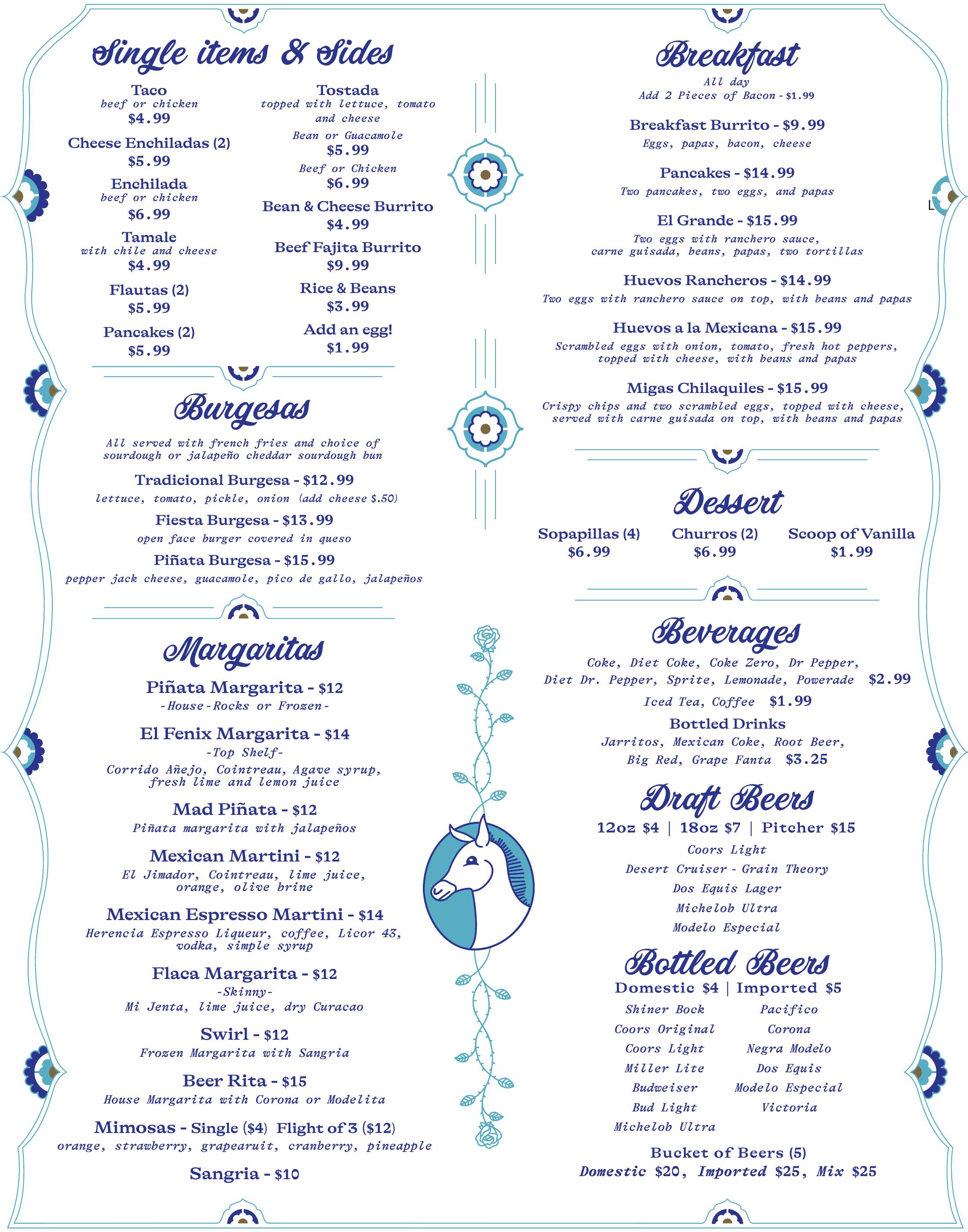 El Fenix Cafe menu — page 2, single items, breakfast, burgers, dessert and drinks